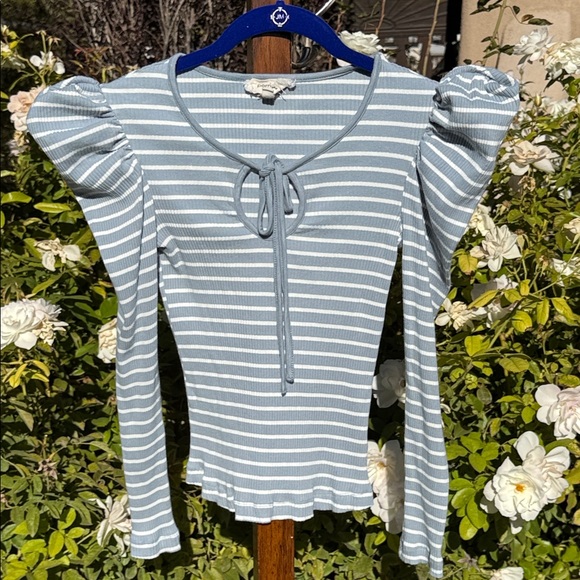 Anthropologie Porridge Blue & White Puff-Sleeve Ribbed Top – Size XS - Picture 3 of 6